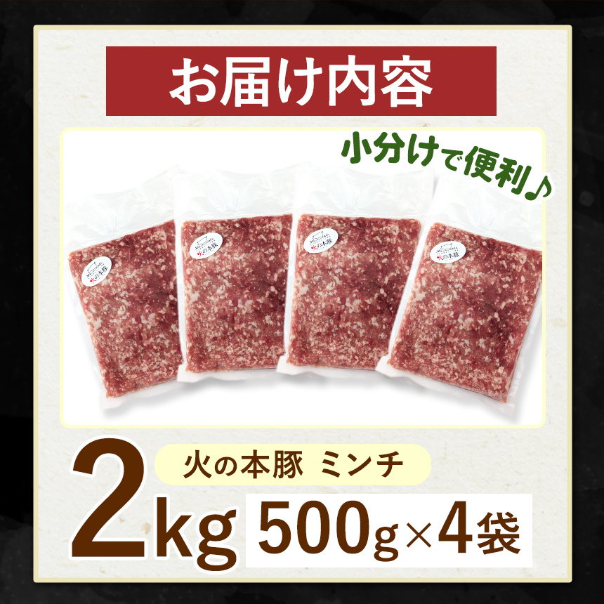 【定期便6回】火の本豚 ミンチ 2.0kg（500g×4） | 熊本県 和水町 くまもと なごみまち 豚肉 肉 ミンチ ブランド肉 地域ブランド 火の本豚 2000g 500g 4パック 定期 6回 毎月発送