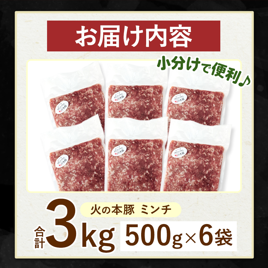 【定期便6回】火の本豚 ミンチ 3.0kg（500g×6） | 熊本県 和水町 くまもと なごみまち 豚肉 肉 ミンチ ブランド肉 地域ブランド 火の本豚 3000g 500g 6パック 定期 6回 毎月発送