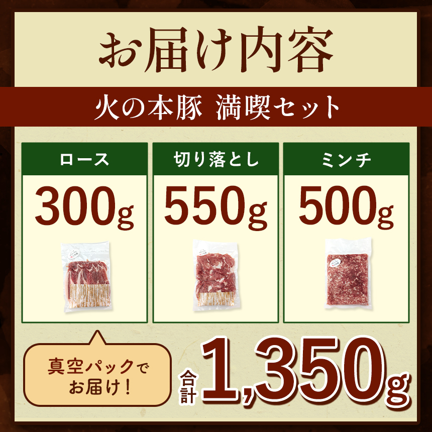 【定期便12回】火の本豚 満喫セット（ロース、切り落とし、ミンチ） 1350g | 熊本県 和水町 くまもと なごみまち 豚肉 肉 ロース 豚ロース 300g 切り落とし ウデモモ 550g ミンチ 500g 冷凍 定期 12回 毎月発送