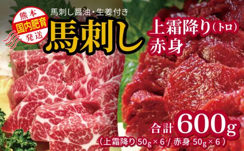 国内肥育 馬刺し 熊本発送 上霜降り（ トロ ） 300ｇ + 赤身 300ｇ 合計 600ｇ 馬刺し?油・生姜付き   | 熊本県 熊本 くまもと 和水町 なごみまち なごみ 馬肉 馬刺し 上霜降り 霜降り トロ 600g 冷凍