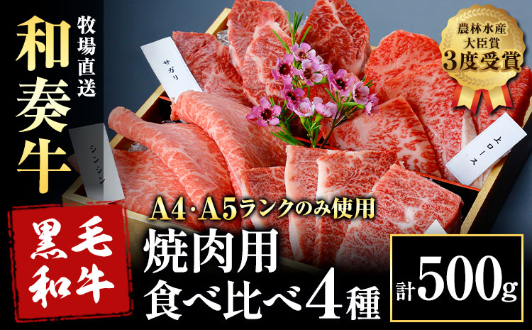 厳選 くまもと黒毛和牛 焼肉用食べ比べ4種 500g《30日以内に出荷予定(土日祝除く)》熊本県 大津町 和牛焼肉LIEBE くまもと黒毛和牛 厳選部位 上ロース ハラミ サガリ シンシン 冷蔵 リーベ---so_cliebey4sy_30d_r7_21500_500g---