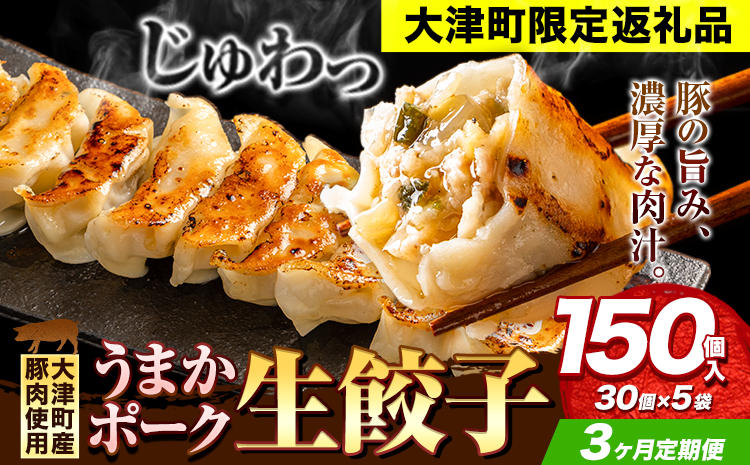 餃子 うまかポーク生餃子 150個 【3ヶ月定期便】タレ付き 大津町限定返礼品 冷凍餃子 ギョウザ《お申込み月の翌月から発送開始》大津町産豚肉使用 九州産キャベツ使用（大津町産含む）皮モチモチ 肉汁溢れる ぎょうざ （30個×5袋）---oz_fgztei_r7_43500_150p_mo3---