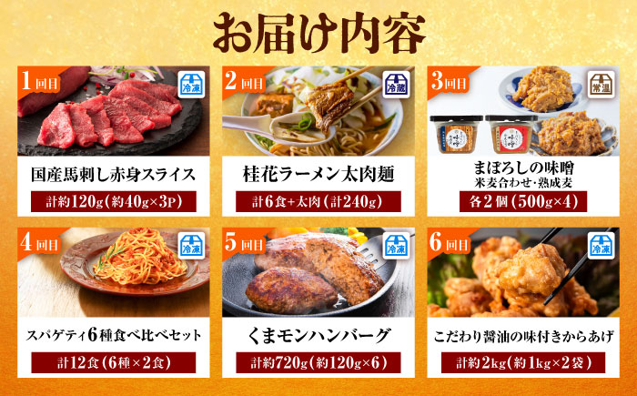 【菊陽町よりすぐり6回定期便】 菊陽町の人気の返礼品が毎月届く！ / 肉 馬刺し 馬肉 赤身 ハンバーグ 味噌 ラーメン [BHZZ008]