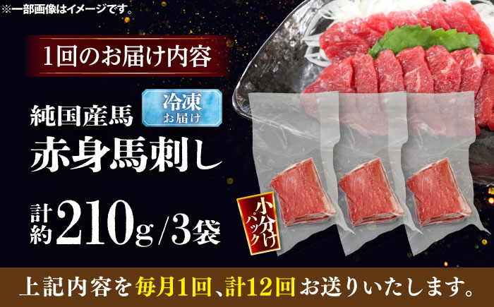 【全12回定期便】純国産馬 赤身馬刺し 計約210g (約70g×3個) / ばさし 馬刺 あかみ 熊本馬刺し 熊本県 菊陽町【株式会社古閑ファーム】 [BHDF038]