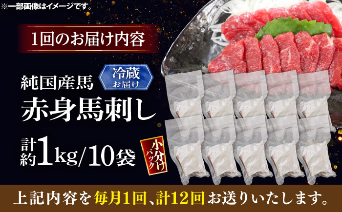 【全12回定期便】【冷蔵】純国産馬 赤身馬刺し盛り 計約1kg (約100g×10個) / ばさし 馬刺 あかみ 熊本馬刺し 熊本県 菊陽町【株式会社古閑ファーム】 [BHDF041]