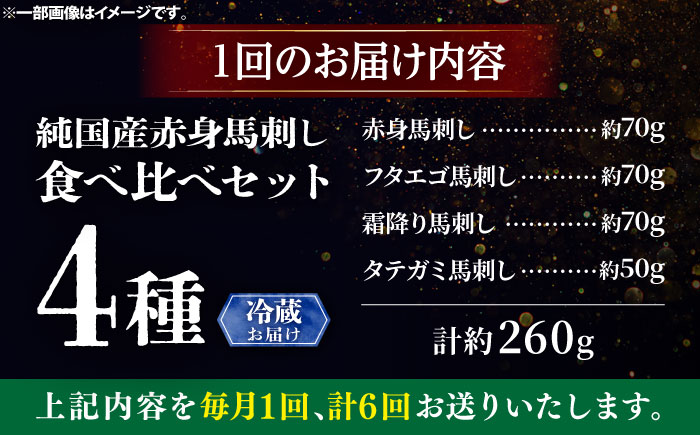 【全6回定期便】【冷蔵】純国産馬 馬刺し食べ比べセット計約260g(赤身/約70g フタエゴ/約70g 霜降り/約70g タテガミ/約50g) / ばさし 馬刺 熊本馬刺し 熊本県 菊陽町【株式会社古閑ファーム】 [BHDF046]