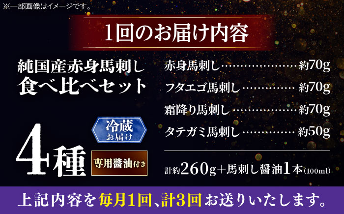 【全3回定期便】【冷蔵】純国産馬 馬刺し食べ比べセット計約260g 馬刺し専用醤油付き(赤身/約70g フタエゴ/約70g 霜降り/約70g タテガミ/約50g) / ばさし 馬刺 熊本馬刺し 熊本県 菊陽町【株式会社古閑ファーム】 [BHDF048]