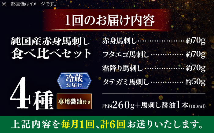 【全6回定期便】【冷蔵】純国産馬 馬刺し食べ比べセット計約260g 馬刺し専用醤油付き(赤身/約70g フタエゴ/約70g 霜降り/約70g タテガミ/約50g) / ばさし 馬刺 熊本馬刺し 熊本県 菊陽町【株式会社古閑ファーム】 [BHDF049]