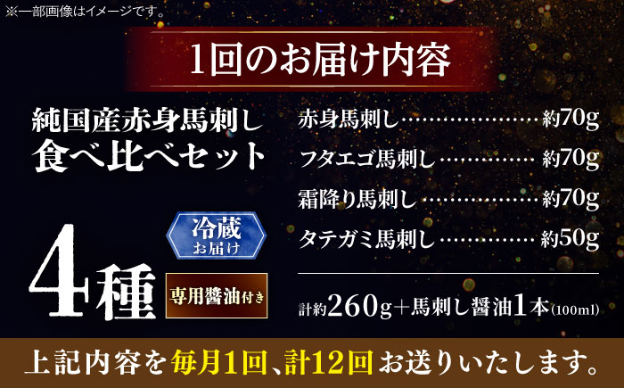 【全12回定期便】【冷蔵】純国産馬 馬刺し食べ比べセット計約260g 馬刺し専用醤油付き(赤身/約70g フタエゴ/約70g 霜降り/約70g タテガミ/約50g) / ばさし 馬刺 熊本馬刺し 熊本県 菊陽町【株式会社古閑ファーム】 [BHDF050]