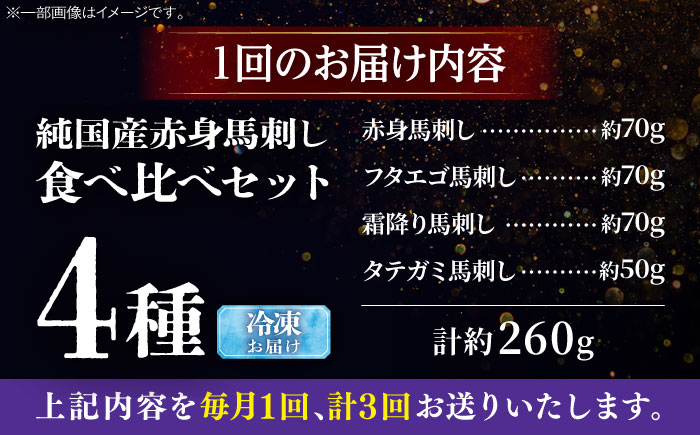 【全3回定期便】純国産馬 馬刺し食べ比べセット計約260g(赤身/約70g フタエゴ/約70g 霜降り/約70g タテガミ/約50g) / ばさし 馬刺 熊本馬刺し 熊本県 菊陽町【株式会社古閑ファーム】 [BHDF051]