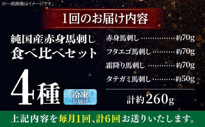 【全6回定期便】純国産馬 馬刺し食べ比べセット計約260g(赤身/約70g フタエゴ/約70g 霜降り/約70g タテガミ/約50g) / ばさし 馬刺 熊本馬刺し 熊本県 菊陽町【株式会社古閑ファーム】 [BHDF052]