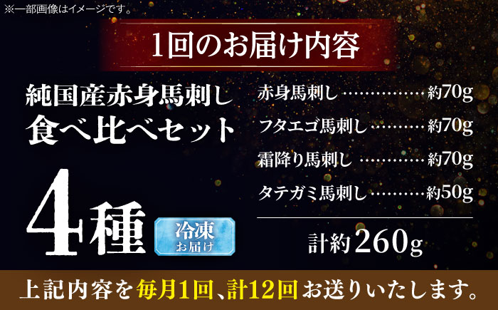 【全12回定期便】純国産馬 馬刺し食べ比べセット計約260g(赤身/約70g フタエゴ/約70g 霜降り/約70g タテガミ/約50g) / ばさし 馬刺 熊本馬刺し 熊本県 菊陽町【株式会社古閑ファーム】 [BHDF053]