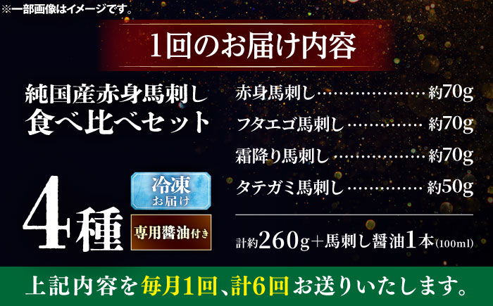 【全6回定期便】純国産馬 馬刺し食べ比べセット計約260g 馬刺し専用醤油付き(赤身/約70g フタエゴ/約70g 霜降り/約70g タテガミ/約50g) / ばさし 馬刺 熊本馬刺し 熊本県 菊陽町【株式会社古閑ファーム】 [BHDF055]