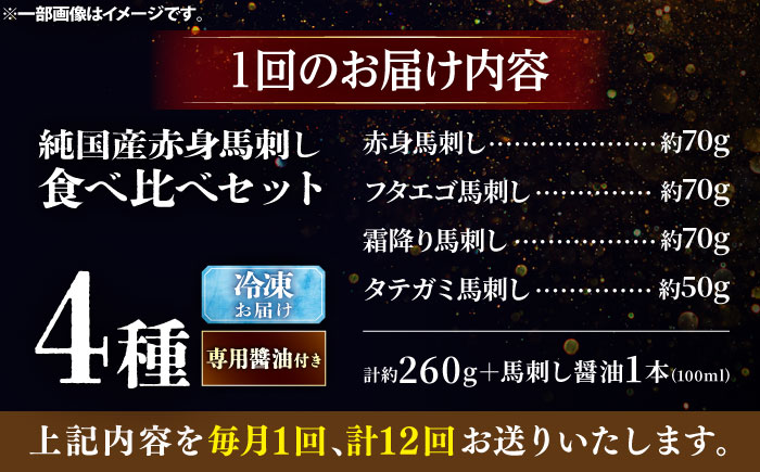 【全12回定期便】純国産馬 馬刺し食べ比べセット計約260g 馬刺し専用醤油付き(赤身/約70g フタエゴ/約70g 霜降り/約70g タテガミ/約50g) / ばさし 馬刺 熊本馬刺し 熊本県 菊陽町【株式会社古閑ファーム】 [BHDF056]