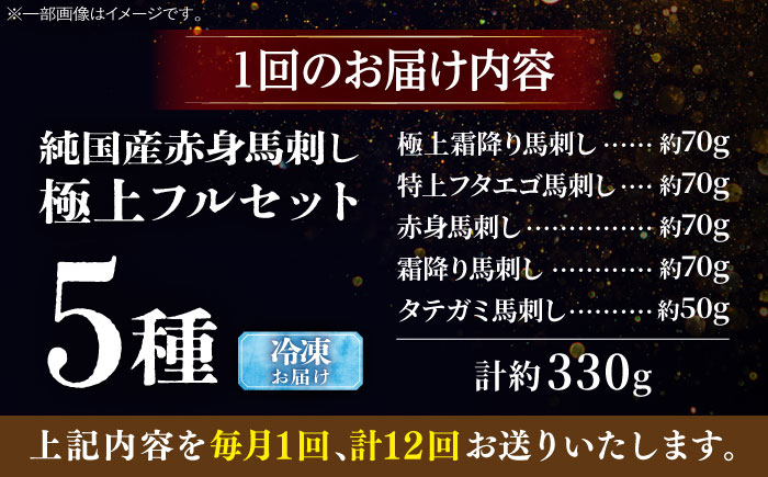 【全12回定期便】純国産馬 馬刺し極上フルセット計約330g(極上霜降り/約70g 特上フタエゴ/約70g 霜降り/約70g タテガミ/約50g 赤身/約70g) / ばさし 馬刺 熊本馬刺し 熊本県 菊陽町【株式会社古閑ファーム】 [BHDF065]