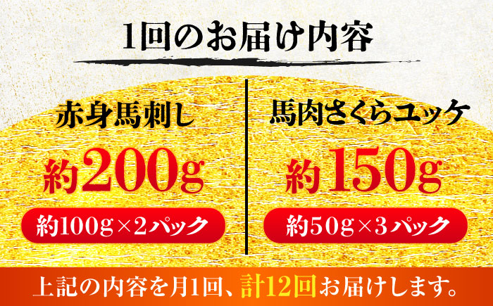 【全12回定期便】赤身馬刺し・馬肉さくらユッケ セット / 小分け 熊本 馬刺 赤身 馬刺し ユッケ 冷凍 馬肉 ヘルシー 真空 パック おつまみ【五右衛門フーズ】 [BHCY036]