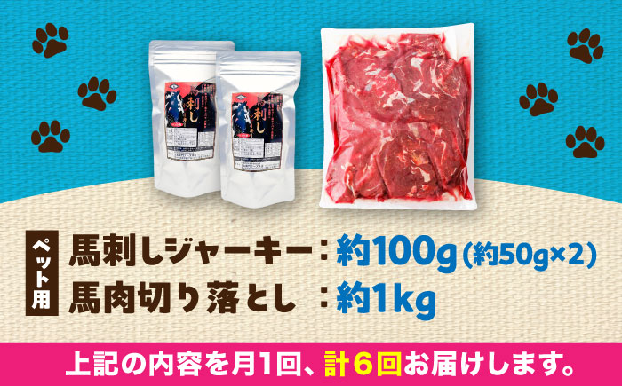 【全6回定期便】詰め合わせ 国内加工 ペット用 馬肉 切り落とし 約1kg ペット用 馬刺しジャーキー 約100g(約50g×2) / ペットフード ドッグフード 愛犬 馬肉【五右衛門フーズ】 [BHCY067]