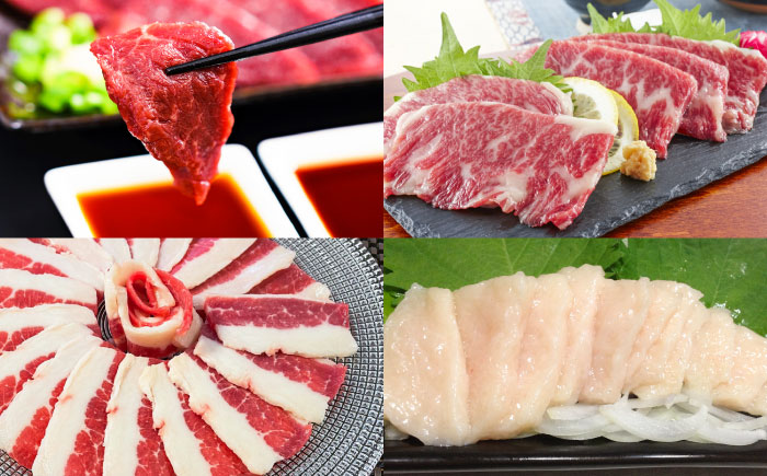 【全12回定期便】純国産馬 馬刺し食べ比べセット計約260g(赤身/約70g フタエゴ/約70g 霜降り/約70g タテガミ/約50g) / ばさし 馬刺 熊本馬刺し 熊本県 菊陽町【株式会社古閑ファーム】 [BHDF053]