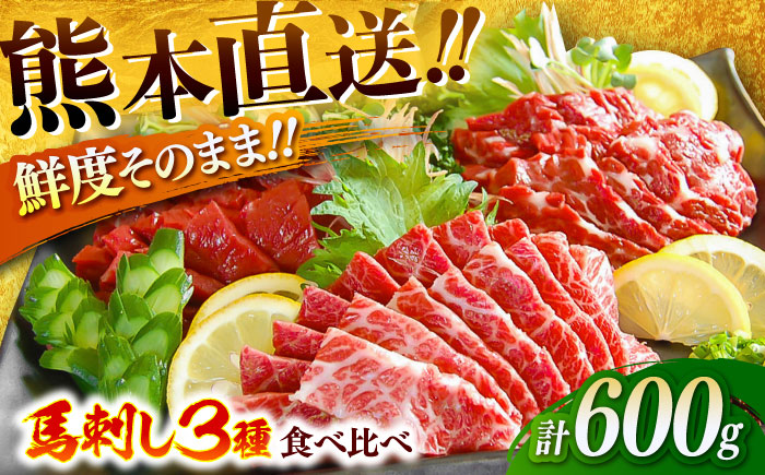 こだわり馬刺し3点盛り 各200g（醤油・生姜付き）計600g / 馬肉 大トロ しもふり 霜降り ロース ばさし 醤油付き 熊本県 特産品 【有限会社菊陽食肉センター】 [BHAC002]