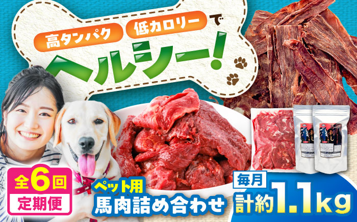 【全6回定期便】詰め合わせ 国内加工 ペット用 馬肉 切り落とし 約1kg ペット用 馬刺しジャーキー 約100g(約50g×2) / ペットフード ドッグフード 愛犬 馬肉【五右衛門フーズ】 [BHCY067]
