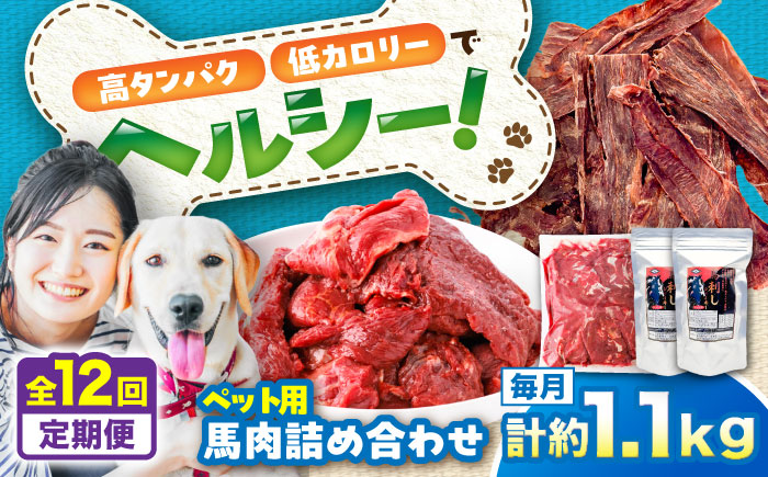 【全12回定期便】詰め合わせ 国内加工 ペット用 馬肉 切り落とし 約1kg ペット用 馬刺しジャーキー 約100g(約50g×2) / ペットフード ドッグフード 愛犬 馬肉【五右衛門フーズ】 [BHCY068]