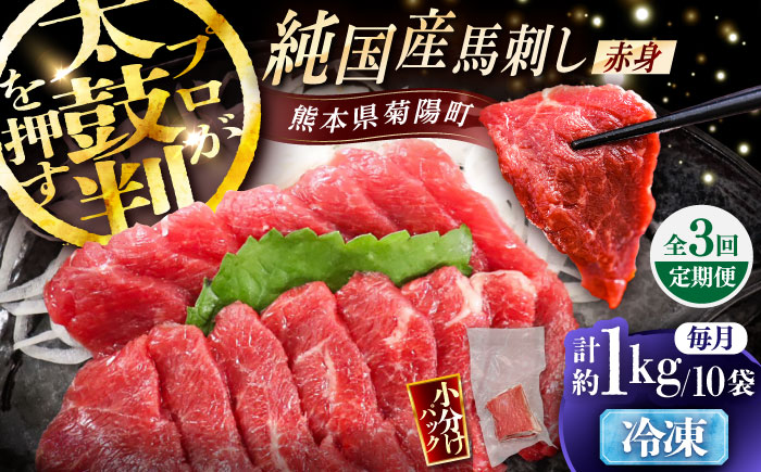 【全3回定期便】純国産馬 赤身馬刺し盛り 計約1kg (約100g×10個) / ばさし 馬刺 あかみ 熊本馬刺し 熊本県 菊陽町【株式会社古閑ファーム】 [BHDF042]