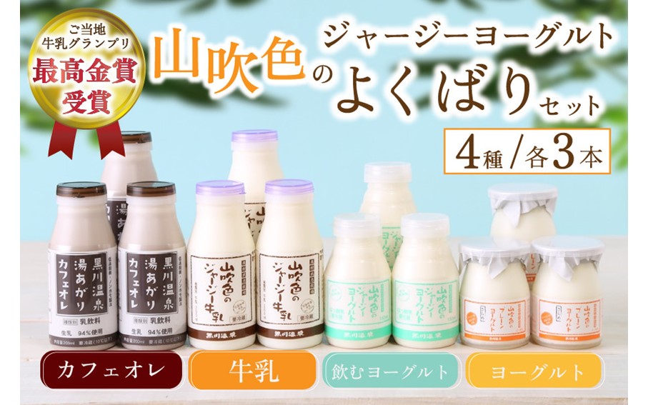 黒川温泉発 山吹色のジャージーヨーグルト よくばりセット【FOODEX JAPAN 最高金賞】 4種 ジャージー牛乳 飲むヨーグルト 牛乳 カフェオレ ヨーグルト プレーンヨーグルト 詰め合わせ アソート セット 乳製品 飲料 健康 腸活 免疫力アップ 乳酸菌 ご当地牛乳グランプリ 最高金賞 ご当地 ギフト 贈答用 山のいぶき 熊本 阿蘇 南小国町 送料無料