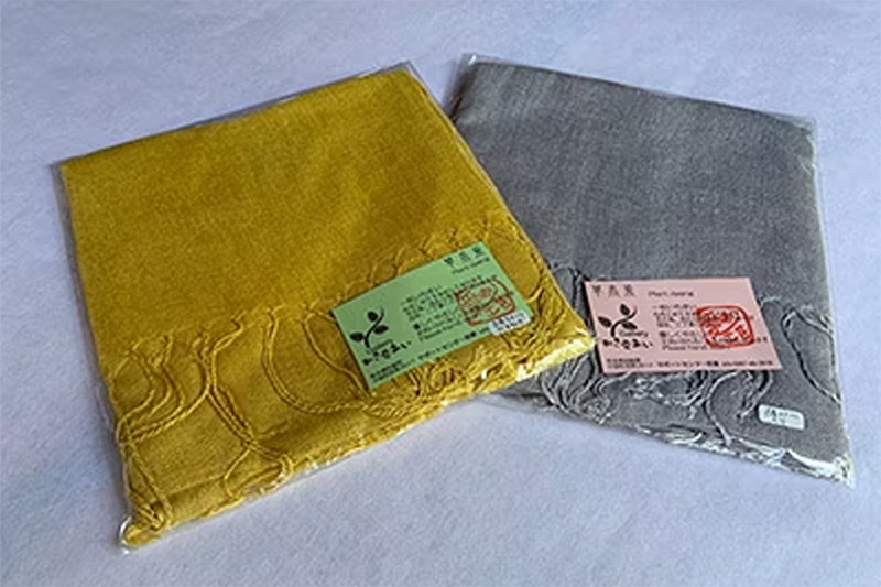 【悠工房】自然素材 手染め 栗染め たまねぎ染め 2色 綿ストール マスタード グレー 2枚1組 手作り ハンドメイド 贈り物 贈答 福祉 就労支援施設製造 SDGs ギフト プレゼント