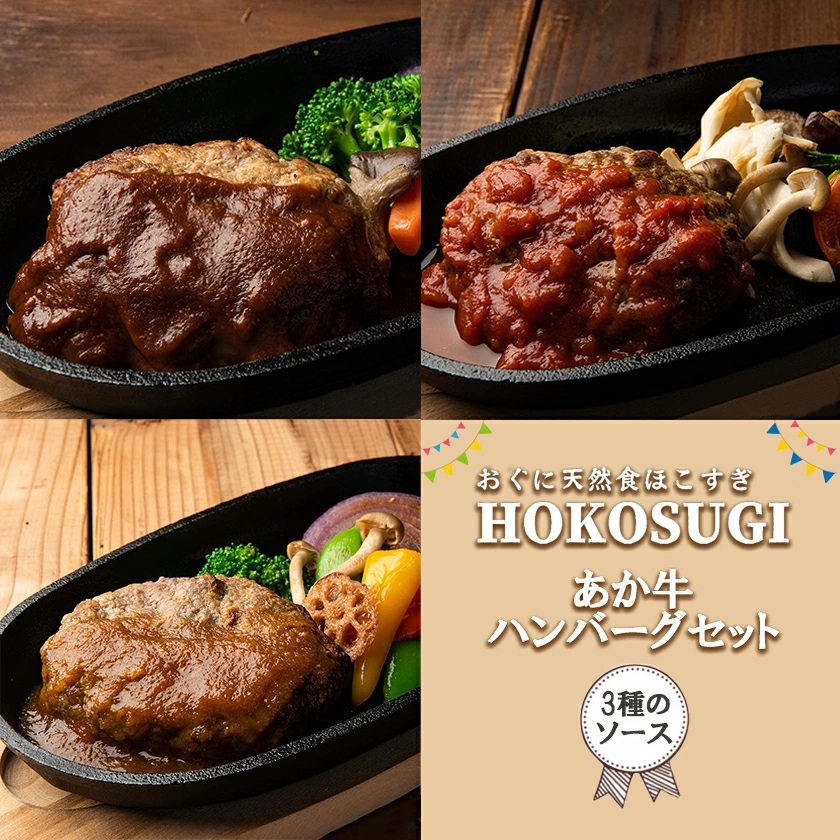 【おぐに天然食ほこすぎ】手作りハンバーグ 3個 計600g 熊本 阿蘇 あか牛 あか牛認定店 惣菜 小国育ち ほこすぎ 人気レストラン ハンドメイド 和風ソース トマトソース デミグラスソース 湯せん ボイル 解凍 専門店の味 ギフト 贈答用 ご家庭用