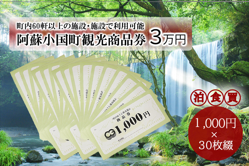 【ASOおぐに観光協会】阿蘇 小国町 観光商品券 3万円 1000円×30枚 ご指定の住所へ発送 杖立温泉 わいた温泉郷 湯けむり 蒸し湯 ジャージー牛乳 小国杉 旅行 観光 宿泊 飲食 お買い物 お土産 商品券 宿泊券 1000円券 30枚 現地払い利用 地域振興 旅行支援