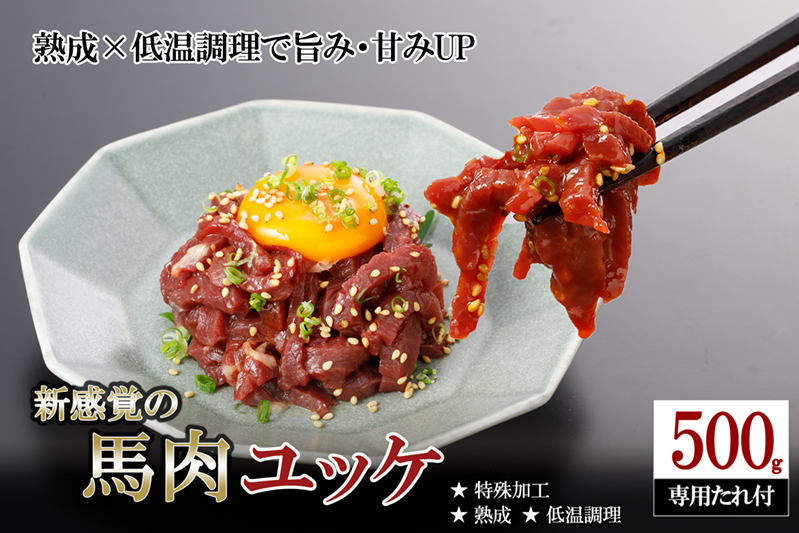 【阿蘇牧場】希少 馬肉 ユッケ 細切り 500g 熟成 低温調理 旨み 甘み 焼いたらもっと美味しい 旨みたっぷり 小分け 食べきり 酒のつまみ 酒の肴 おかず 専用タレ付 熊本県小国町