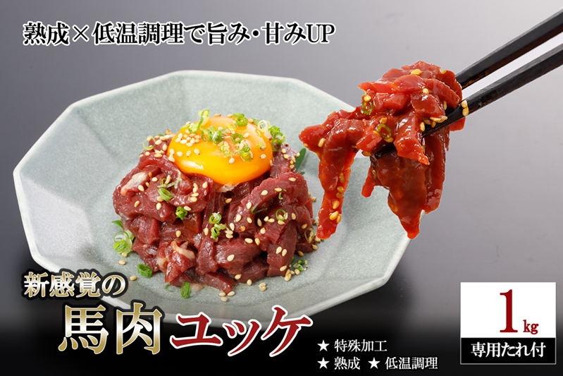 【阿蘇牧場】希少 馬肉 ユッケ 細切り 1kg 1000g 熟成 低温調理 旨み 甘み 焼いたらもっと美味しい 旨みたっぷり 小分け 食べきり 酒のつまみ 酒の肴 おかず 専用タレ付 熊本県小国町
