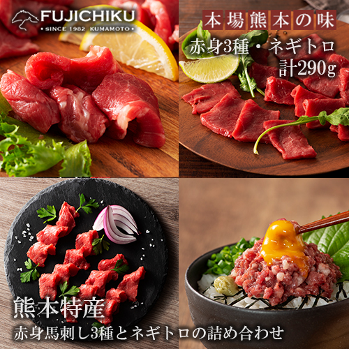 【フジチク】熊本と畜 ふじ馬刺し 赤身馬刺し3種とネギトロの詰め合わせ ふじ馬刺し 赤身 希少部位 上赤身 ロース ランプ ネギトロ 専用たれ 赤身各80g ネギトロ50g 計290g 冷凍 真空パック ISO22000取得 UKAS認証 牧場直送 ギフト