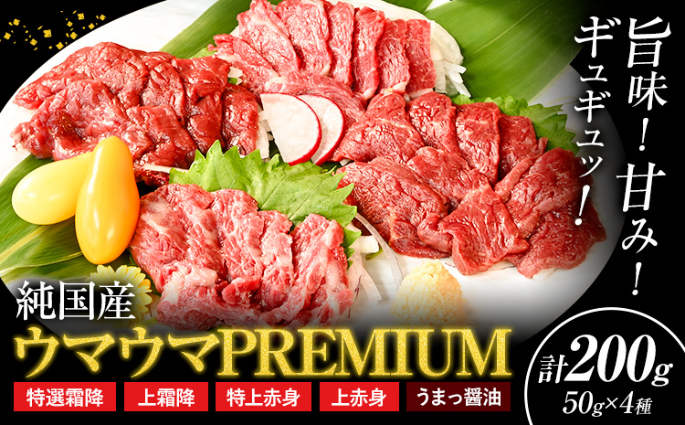 馬刺し 純国産 ウマウマ PREMIUM 専用醤油付き 50g ×4種 計200g 有限会社九州食肉産業《90日以内に出荷予定(土日祝除く)》熊本県 産山村 純国産 馬刺し 国産 赤身 熊本肥育 馬刺 馬肉 詰め合わせ 贈答用 ギフト お中元 お歳暮---ubuyama_kss_15_200g---