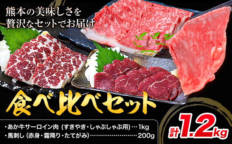 あか牛 すきやき・しゃぶしゃぶ用 サーロイン肉1kg・馬刺し200g 食べ比べセット 合同会社たべたせいか《30日以内に出荷予定(土日祝除く)》牛肉 和牛 馬刺し セット 熊本県産 送料無料---ubuyama_tbt_32_1200g---