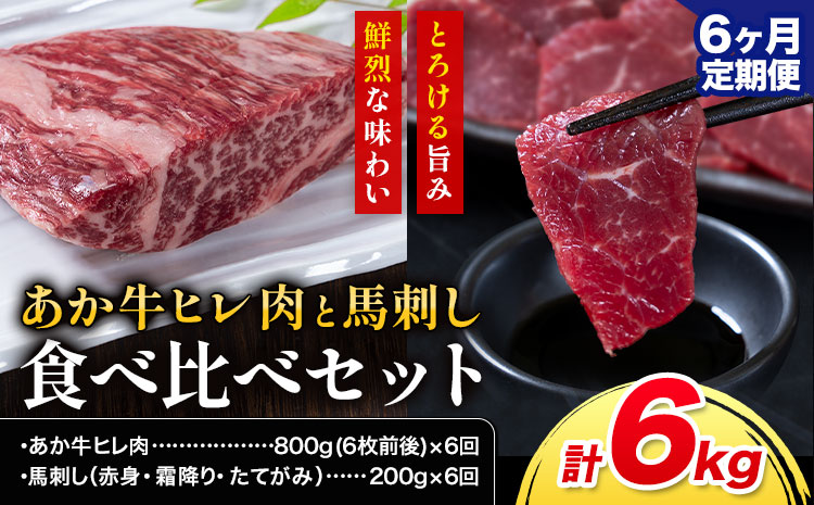 あか牛 ヒレ肉 800g(6枚前後)・馬刺し 200g 食べ比べセット 6ヶ月定期便 計6kg 合同会社たべたせいか《お申し込みの翌月から出荷》牛肉 和牛 ステーキ用ヒレ肉 フィレ 馬肉 赤身 霜降り たてがみ 馬刺し 熊本県産 送料無料---ubuyama_tbt_30_mo6---