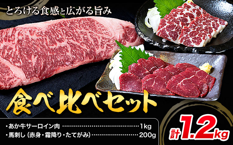 あか牛 サーロイン肉 1kg・馬刺し 200g 食べ比べセット 合同会社たべたせいか[30日以内に出荷予定(土日祝除く)]牛肉 和牛 ステーキ用サーロイン肉 サーロイン 馬肉 赤身 霜降り たてがみ 馬刺し 熊本県産 送料無料---ubuyama_tbt_24_1200g---