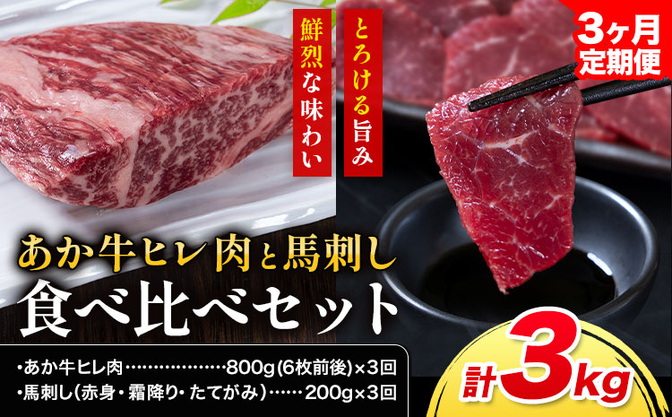 あか牛 ヒレ肉 800g(6枚前後)・馬刺し 200g 食べ比べセット 3ヶ月定期便 計3kg 合同会社たべたせいか[お申し込みの翌月から出荷]牛肉 和牛 ステーキ用ヒレ肉 フィレ 馬肉 赤身 霜降り たてがみ 馬刺し 熊本県産 送料無料---ubuyama_tbt_29_mo3---