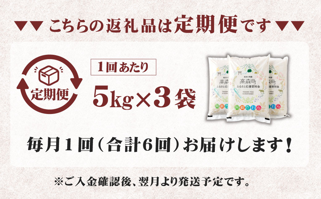 【6ヶ月定期便】阿蘇だわら 15kg（5kg×3）【2024年10月上旬発送開始】熊本県 高森町 オリジナル米