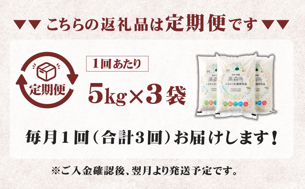 【3ヶ月定期便】阿蘇だわら 15kg（5kg×3）【2024年10月上旬発送開始】熊本県 高森町 オリジナル米