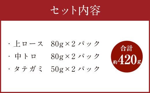 国産 馬刺し 上ロース（上赤身）中トロ タテガミ 盛合せ 合計約420g 冷凍 馬肉