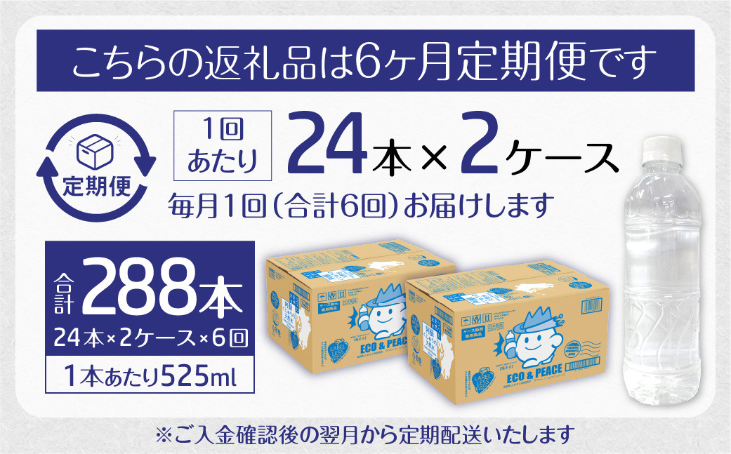 【6ヶ月定期便】阿蘇くじゅうの天然水 525ml PET 48本 (24本×2ケース)×6ヶ月 シリカ水 軟水 ラベルレス 水 天然水