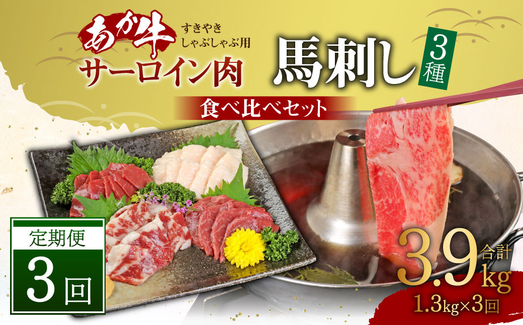 【定期便3ヶ月】あか牛 すきやき・しゃぶしゃぶ用 サーロイン肉 1kg (500g×2)、馬刺し 300g (赤身100g霜降り100gたてがみ100g) 食べ比べセット