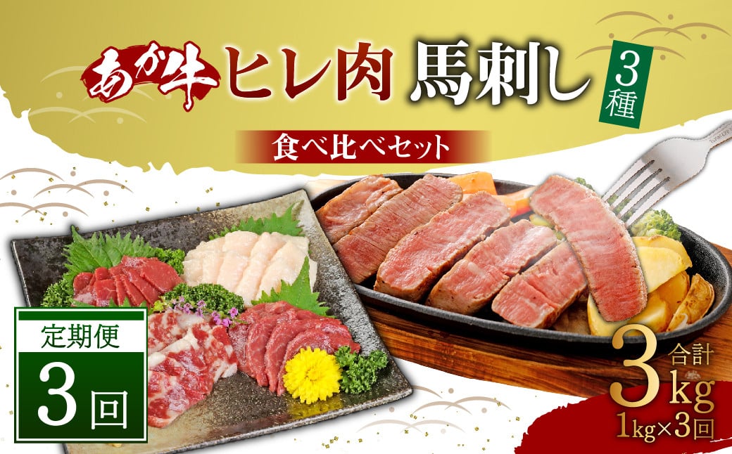 【定期便3か月】あか牛 ヒレ肉 800g (6枚前後)・ 馬刺し 200g ( 赤身 100g 霜降り 50g たてがみ 50g) 食べ比べ セット