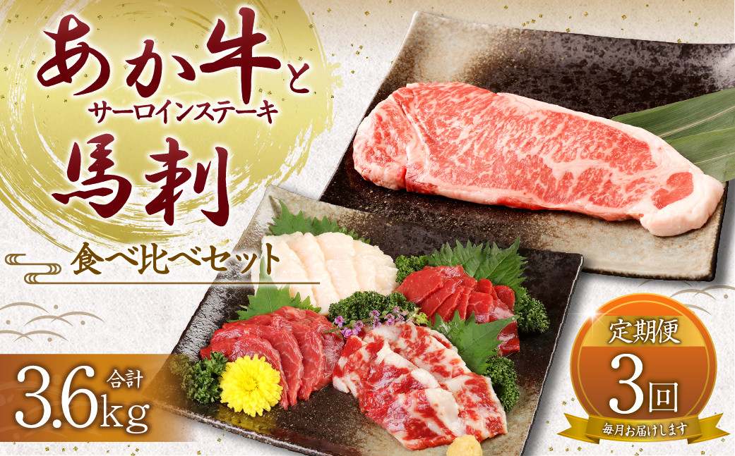 【定期便3か月】 あか牛 サーロイン肉 1kg (5枚~6枚) 馬刺し 200g ( 赤身 100g 霜降り 50g たてがみ 50g ) 食べ比べ セット