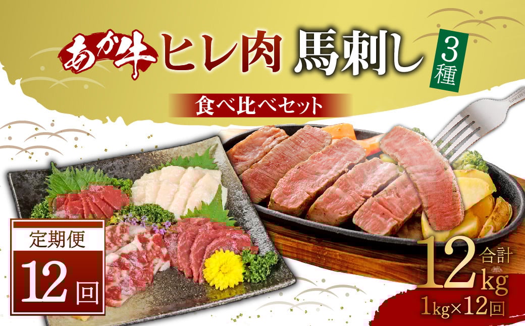 【定期便12か月】 あか牛 ヒレ肉 800g (6枚前後) 馬刺し 200g ( 赤身 100g 霜降り 50g たてがみ 50g) 食べ比べ セット