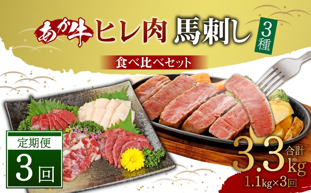 【定期便3ヶ月】あか牛 ヒレ肉 800g (6枚前後)・ 馬刺し 300g (赤身100g霜降り100gたてがみ100g) 食べ比べセット
