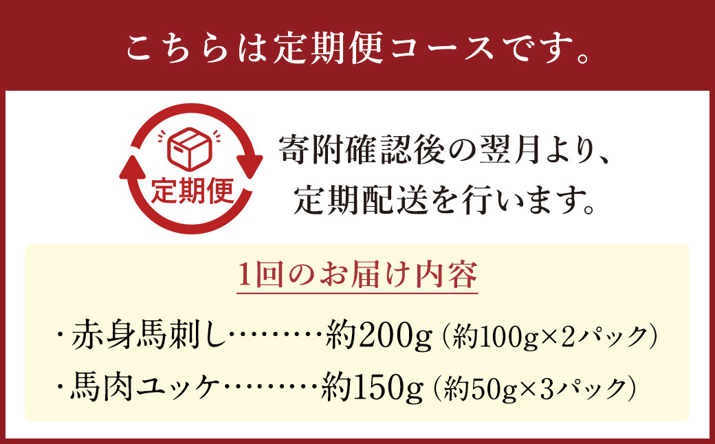 【 3ヶ月定期便】赤身馬刺し・馬さくらユッケセット 約200g＋約150g