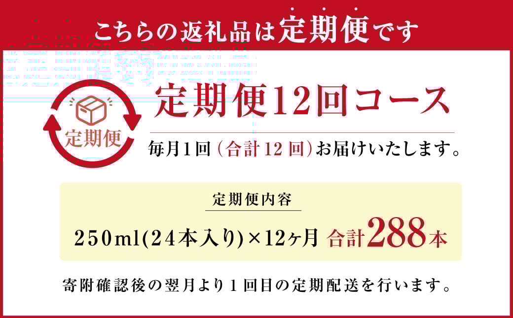 【12ヶ月定期便】大阿蘇 牛乳 250ml×24本×12回 合計72L 紙パック ミルク 成分無調整