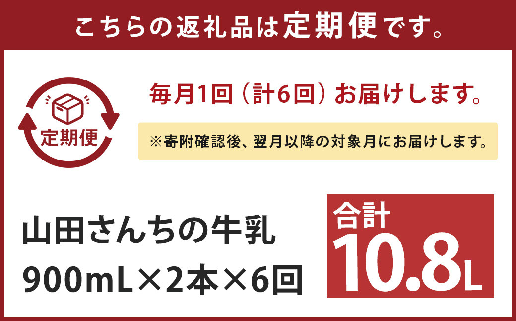 【6ヶ月定期便】山田さんちの牛乳 2本セット 900ml×2本 計6回 合計10.8L ノンホモ牛乳 牛乳